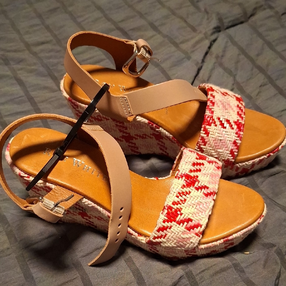 Ron White Red & Cream Woven Platform Wedge Sandals with Tan Ankle Strap